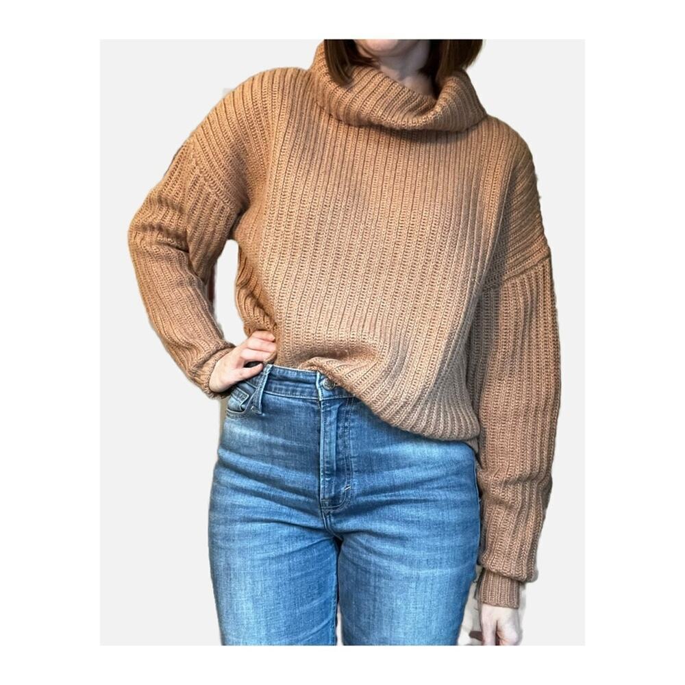 Lovers & Friends Turtleneck Rib Knit Crop Sweater Angora Blend Tan Small